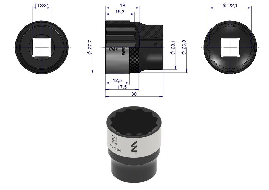 3/8" Twelve-point Socket. 21 . CrV50BV30. DIN 3124. Waryński