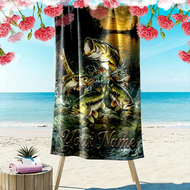Name Custom Bass Fishing Print Beach Towel, Large Soft Quick Dry Towel for Beach Camping Swimming