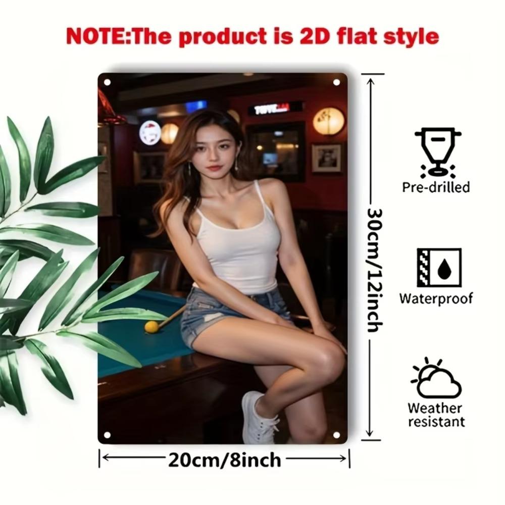 Metal Wall Art Korean Woman Billiard Bar Sign, Iron Painted Pool Poster for Home Cafe Game Room Decor, Easy Mount Holes