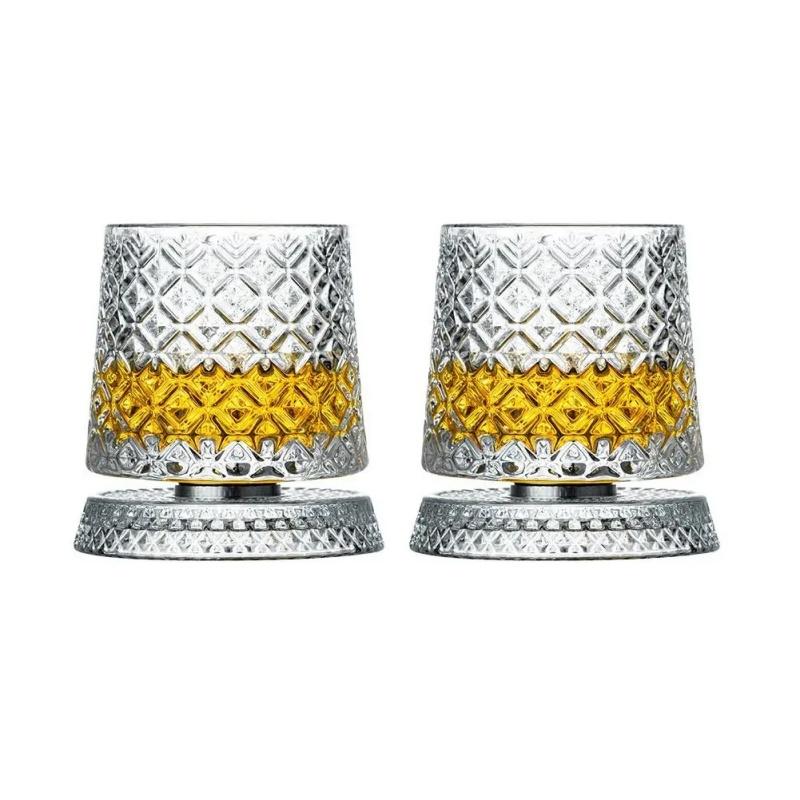 

2PCS Whiskey Glasses Rotating Whisky Glass With Glass Base 360 Rotate Degrees Crystal Rum Glass For Cocktail Party Drinking Gift 201-300ML