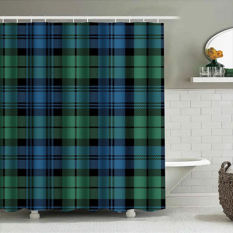 Plaid Shower Curtain Waterproof Fabric Bathroom Decor Set Various Colors Available