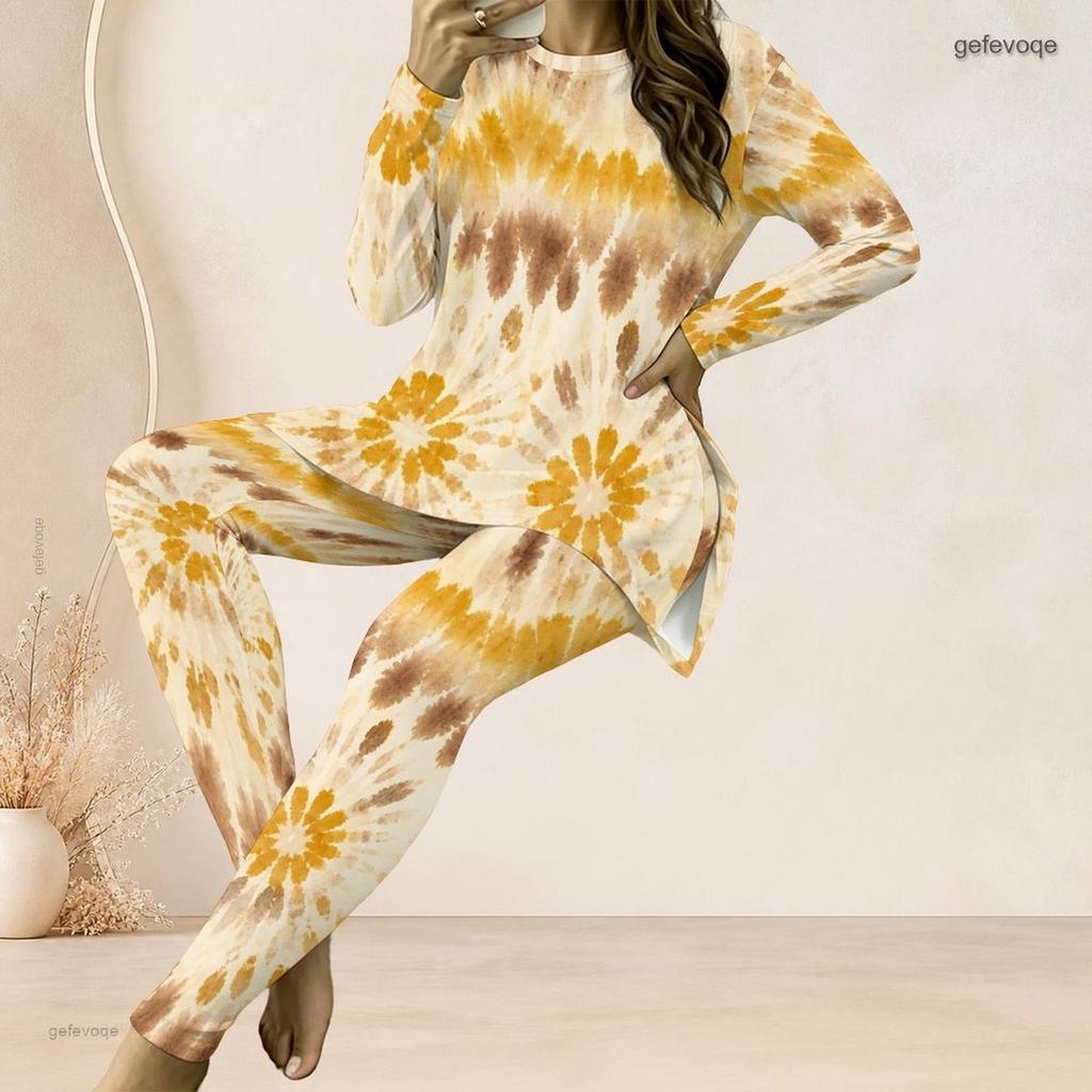 Women Plus Size Dark Blue Printed Two Piece Set Round Neck Long Sleeve Longline Top Fitted Pants