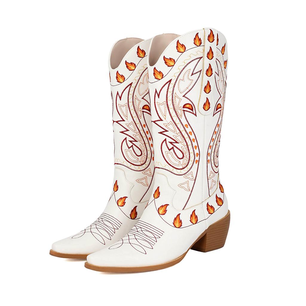 Krazing Po Polyurethane Winter Pointed Toe Western Boots Size 43 Sewing Embroidery Thick Heels Mid-calf Boots