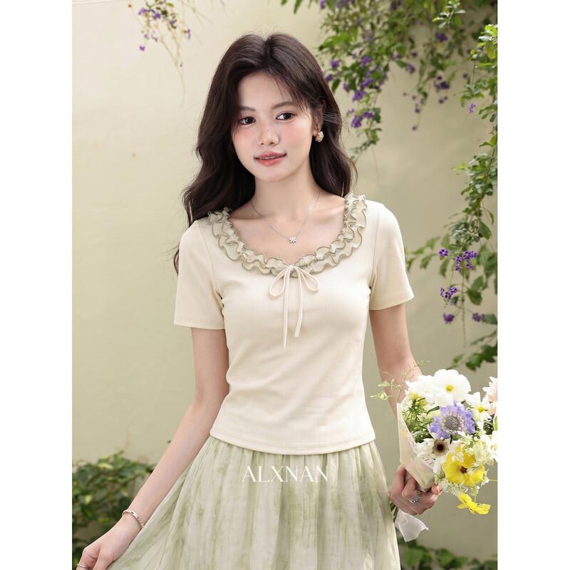 Luxiangnan Women s French Style Apricot Short Sleeve T-shirt S