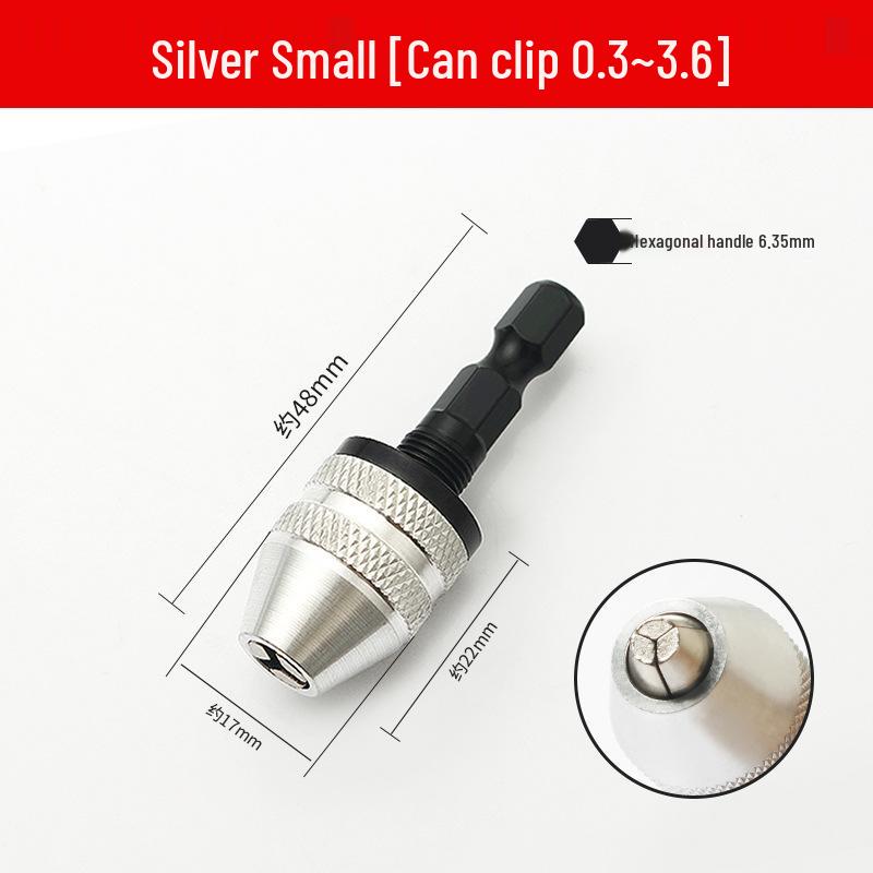 Quick-Change Mini Electric Drill with Three-Jaw Chuck, Hex Extension Rod, and Twist Drill Bit Adapter.