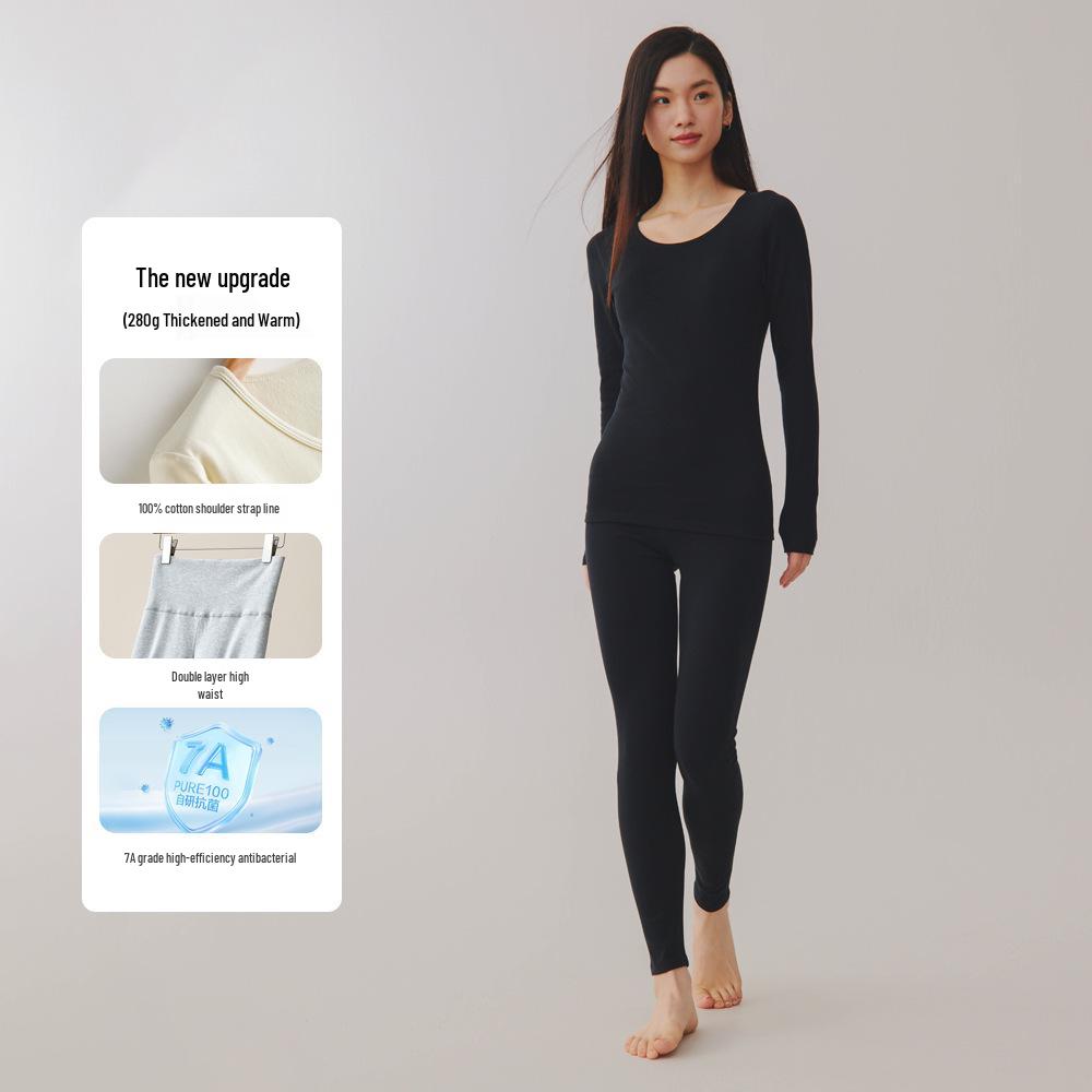 Women's Plus Size Double-Sided Flannel Underwear Set - Pure Cotton, Thick Round Neck Base Layer for Autumn and Winter