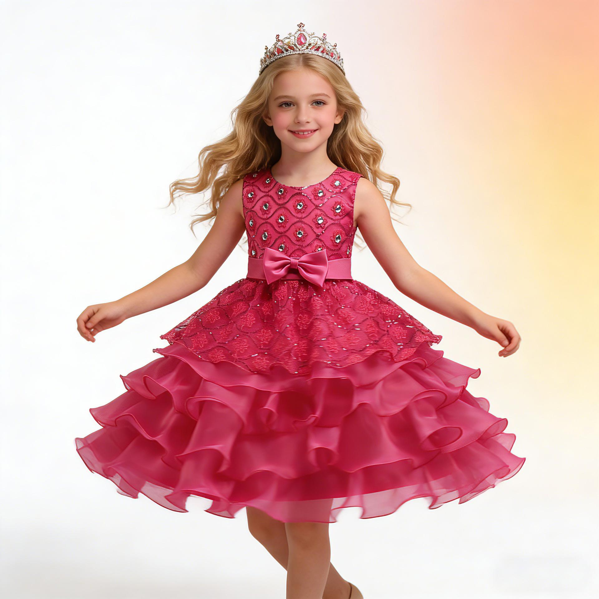 

Korean Style Large Kids Floral Lace Ruffled Dress with Bows 582 170cm Яскраво-рожевий