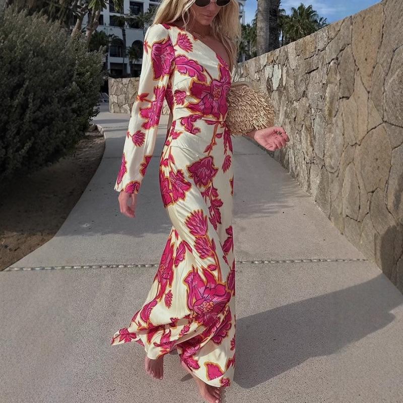 2025 Elegantes langes Ein-Schulter-Kleid mit Rosenprint aus Satin für Damen