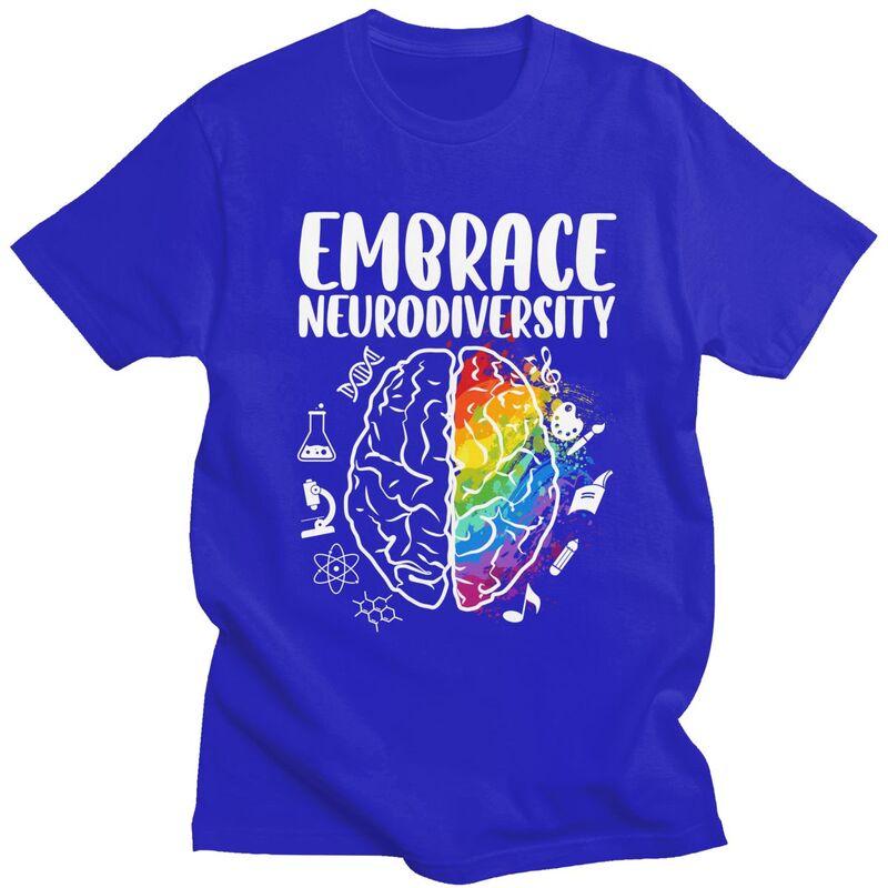 Embrace Neurodiversity Autism Awareness Colorful Brain TShirt Pure Cotton Tee Tops O Neck Tshirts Casual ShortSleeve Clothing