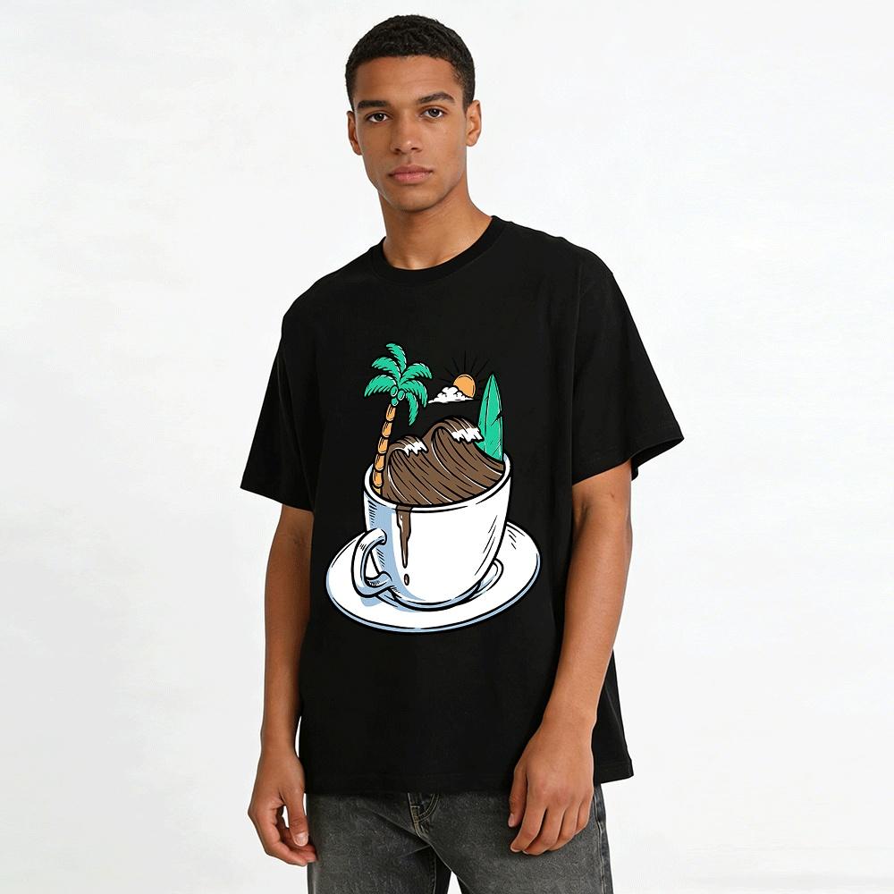 Coffee Cup Surfing Coconut Tree Fun Print T-Shirt Pure cotton T-shirt