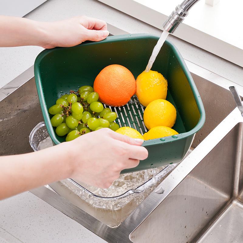 Double-Layer Drain Basket Set: 2-Piece Kitchen & Fruit Washing Basin