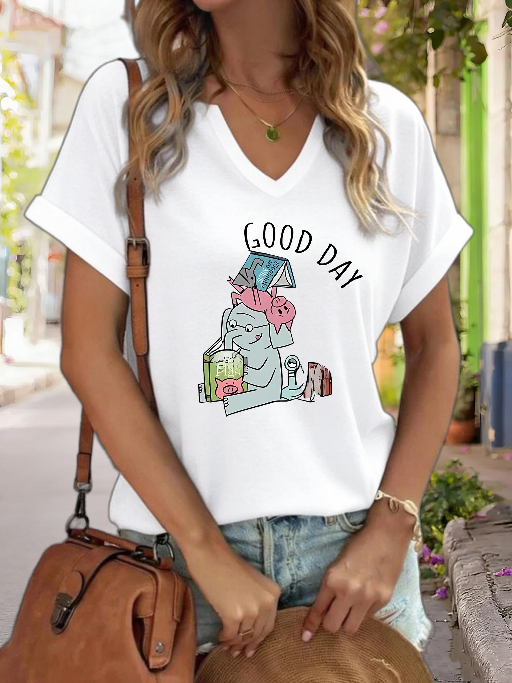 

Women s V-Neck Good Day Elephant & Piggie Graphic Tee, Children s Book Character Print T-Shirt, Casual Short Sleeve Top S