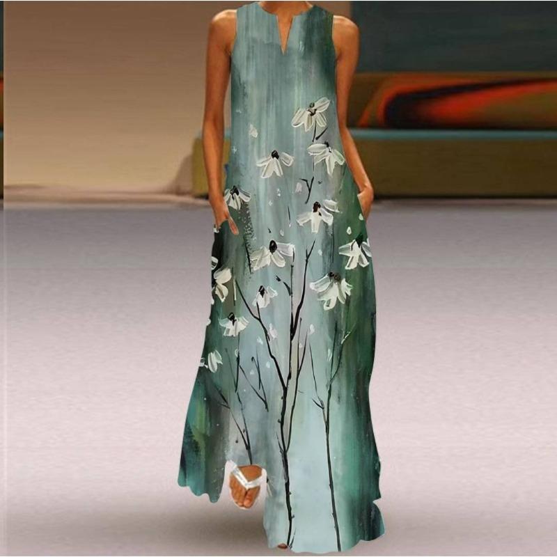 JPNTKY Moda Verão Primavera Sem Mangas Decote V Vestidos Casuais