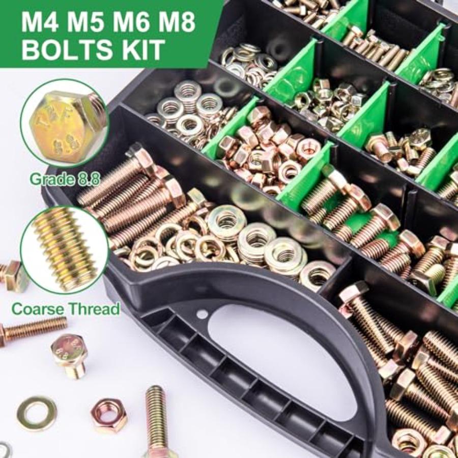 907-teiliges metrisches Schrauben- und Mutternsortiment der Güteklasse 8.8 mit den Größen M4 M5 M6 M8, gelb verzinkt, für Heavy-Duty-Anwendungen