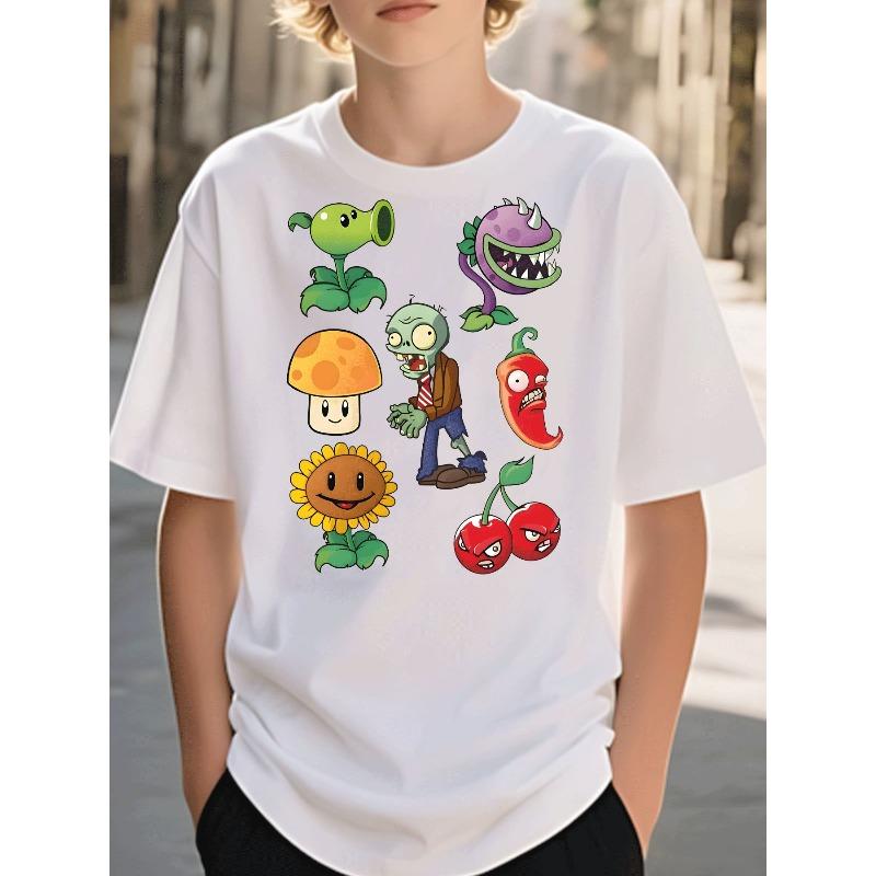 

European sizes Casual Short-Sleeve T-Shirt for Boys Featuring Prints of Peashooter, Chomper, Sunflower, Mushroom, Chili, Cherry Bomb, And Zombie 98cm белый