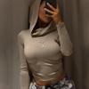 Women's Hooded Crop Tops Autumn Solid Color Long Sleeve Cowl Neck Slim Fit Short T-Shirt Streetwear Sporty Basics Tees