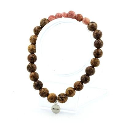 Stones and Minerals. Brazilian Ruby Bracelet + 8 Mm Wooden Beads. Made In France.