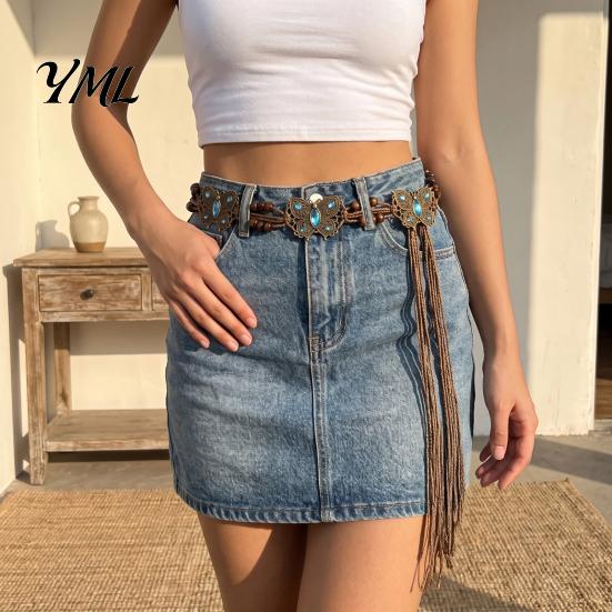 Braided Rope Waistband Bohemian Waist Belt for Women, Vintage Rhinestone Cord Handmade Ornament Chain, Adjustable Layered Belly Chain Dresses