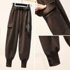Women Casual Pants Large Size Warm Bundle Feet Pocket Elastic Waist Korean Style Chic Simple Harem Pants