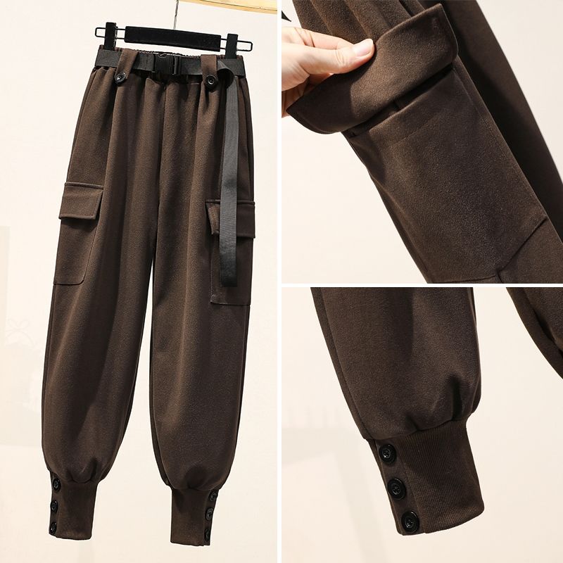 Women Casual Pants Large Size Warm Bundle Feet Pocket Elastic Waist Korean Style Chic Simple Harem Pants