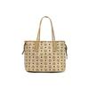 MCM Himmel Metal Logo Zipper Closure Coated Canvas with Leather Trim Crossbody Tote Bag Women's Style Brown
