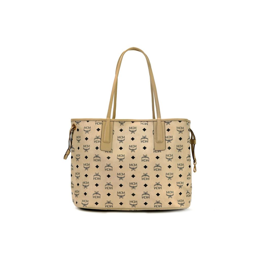 MCM Himmel Metal Logo Zipper Closure Coated Canvas with Leather Trim Crossbody Tote Bag Women's Style Brown