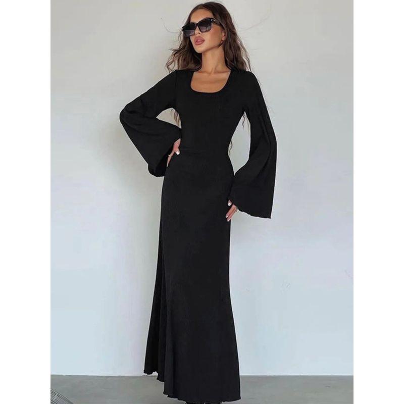 Fashion Fashion U-Collar Waist Trimming Lace Up Dress Rib Minimalist Temperament Pure Color Large Bell Sleeve Classic Dress
