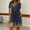 Damen Mode Retro Print Rundhals Kurzarm Knopfleiste Lässiges Kleid