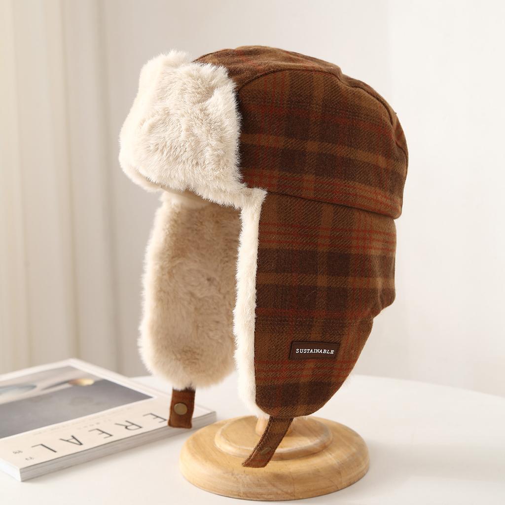 Winter Hat Women Men Retro Plaid Thickened Warm Plush Bomber Hat Beanie Earflap Cap