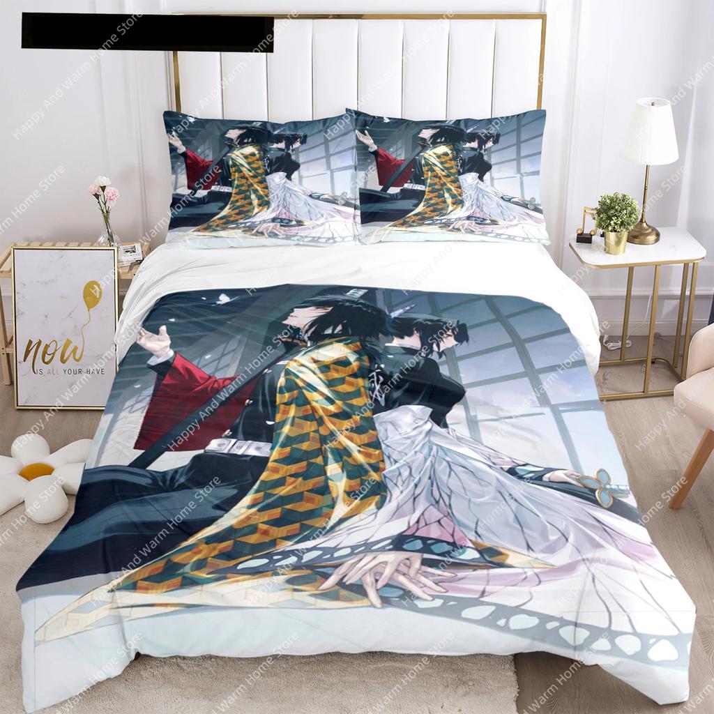 Comforter Anime Demon Slayer Print Bedding Set 2/3Pieces Nezuko Queen Double Single King Size Boys Adults Gift