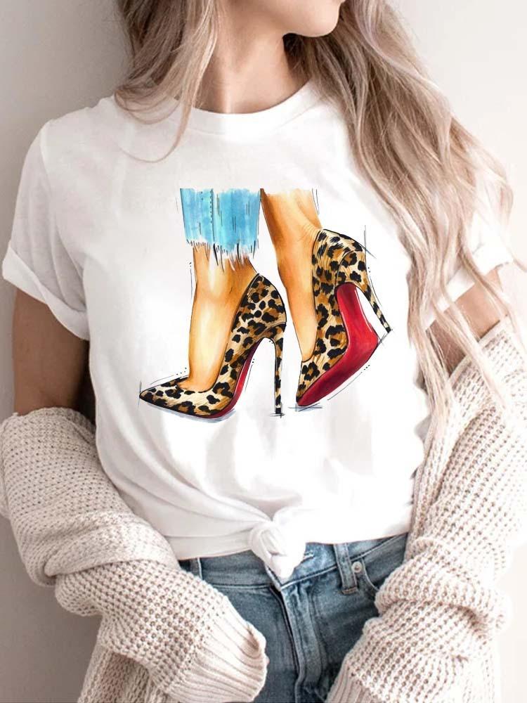 Modisches bedrucktes High-Heel-T-Shirt für Damen Modisches weißes Kurzarm-T-Shirt mit Schleifendesign Lässiges Home-Top für Mädchen