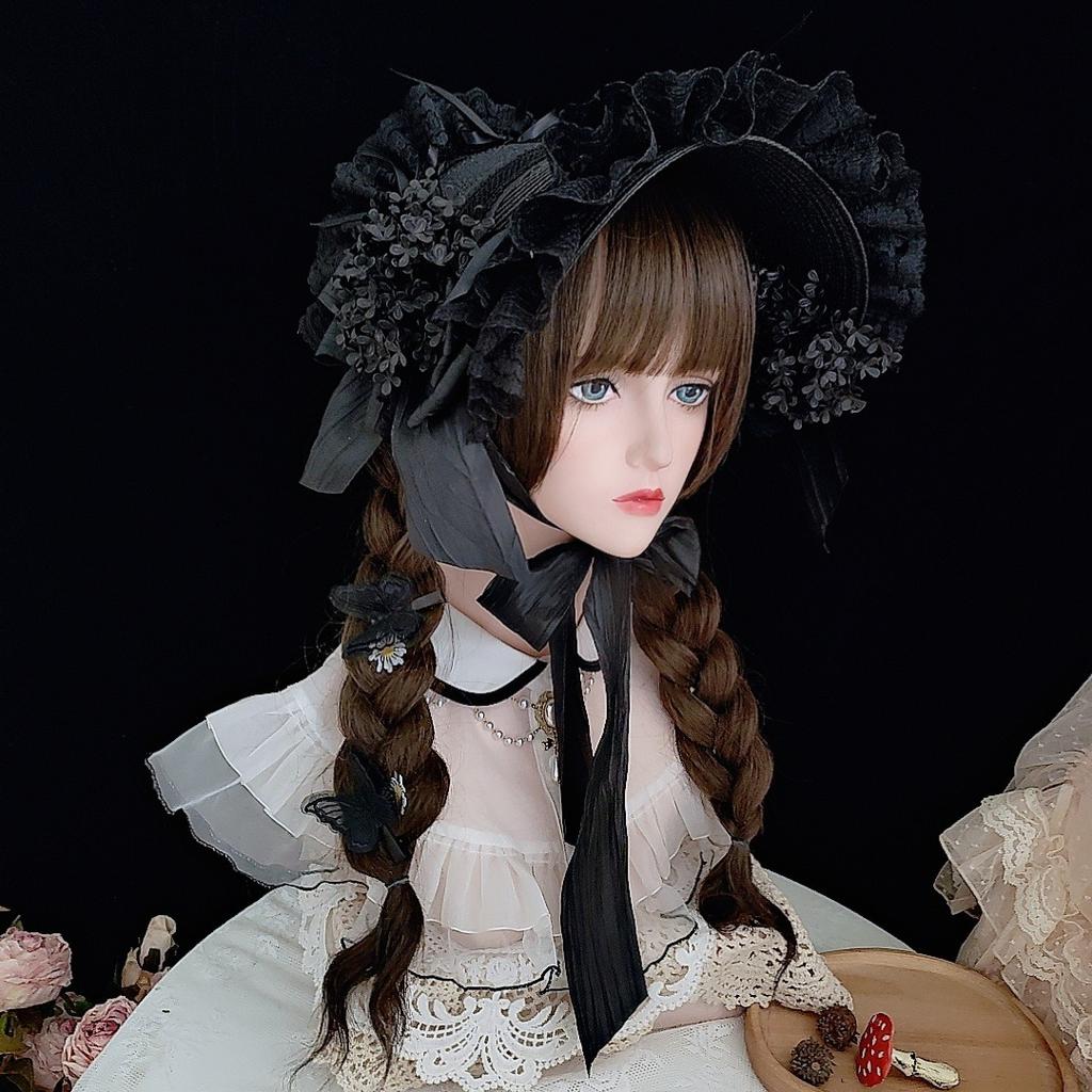 Handmade Vintage Victorian Gothic Tea Party Lace Straw Hat Lolita Girls Flowers Bonnet with Ruffles Halloween Black Headdress