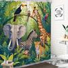 1pc Jungle Safari Shower Curtain with 12 Hooks - Vibrant Giraffe, Elephant, Zebra, Monkey & Colorful Birds Design on Green Folia