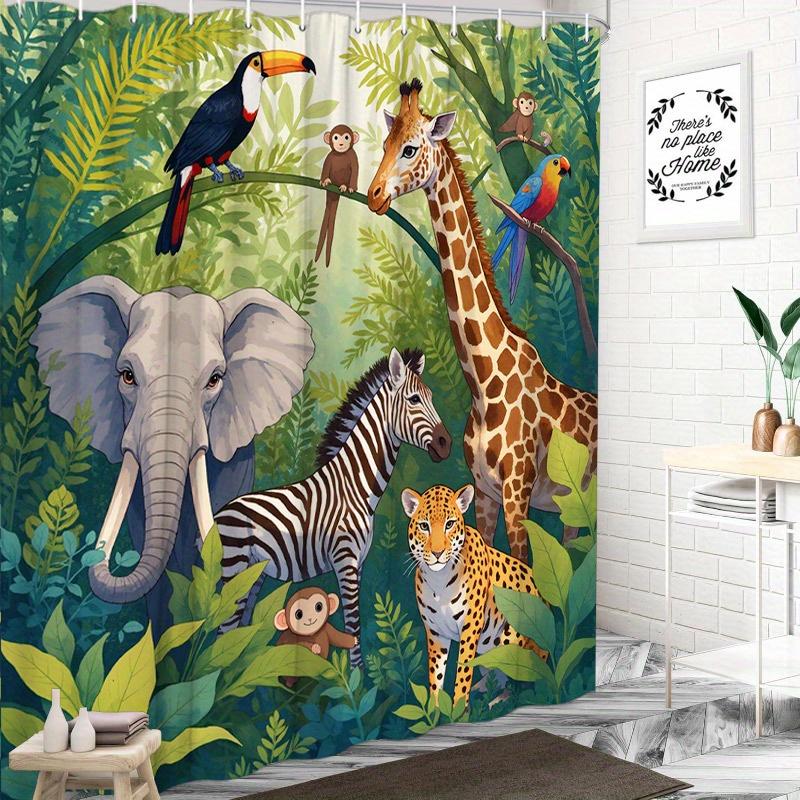 1pc Jungle Safari Shower Curtain with 12 Hooks - Vibrant Giraffe, Elephant, Zebra, Monkey & Colorful Birds Design on Green Folia