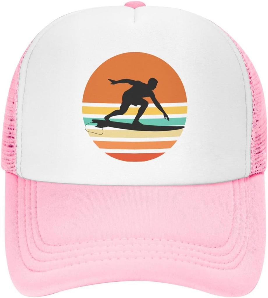 Surfer Sunset Retro Graphic Trucker Hat Polyester Mesh Adjustable Snapback Outdoor Sports Cap for Men Women