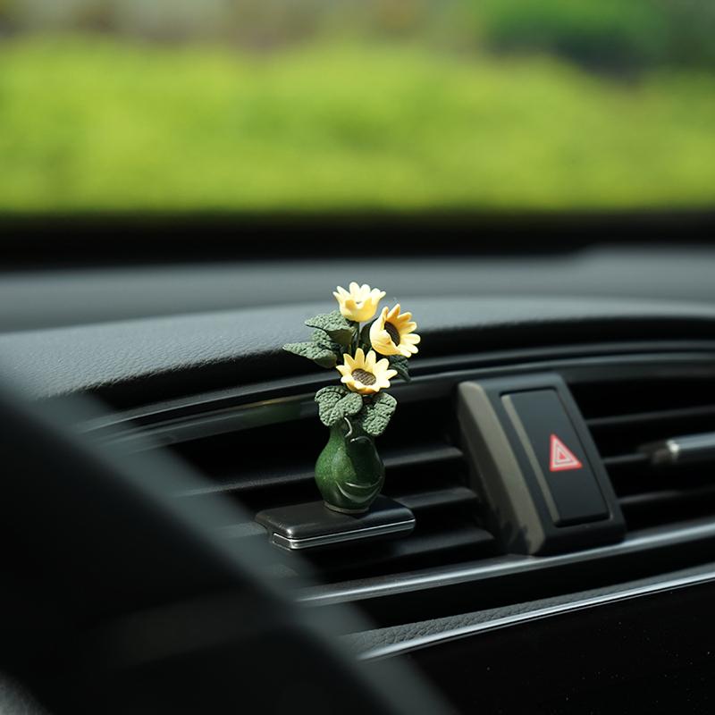 Sunflower Mini Car Decor Ceramic Vase Premium Dashboard Ornament Handmade Clay Art