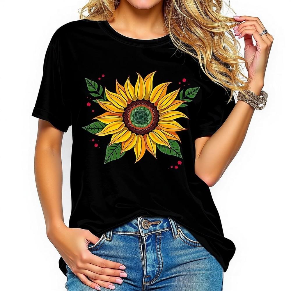 Vibrant Sunflower Graphic Black T-Shirt for Women Casual Comfort Style Unisex T-Shirt
