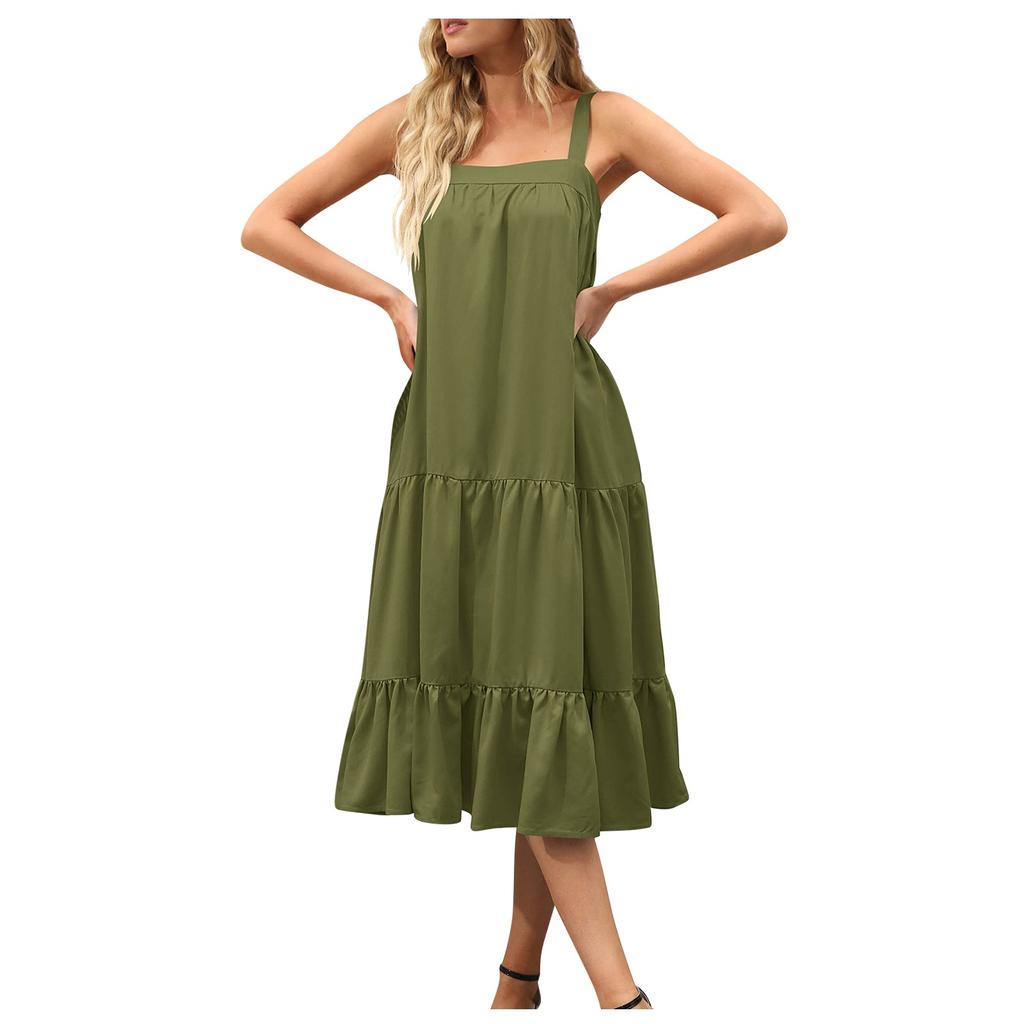 Ladies Casual Sexy Solid Color Suspender Loose Layered Pleated Beach Dress