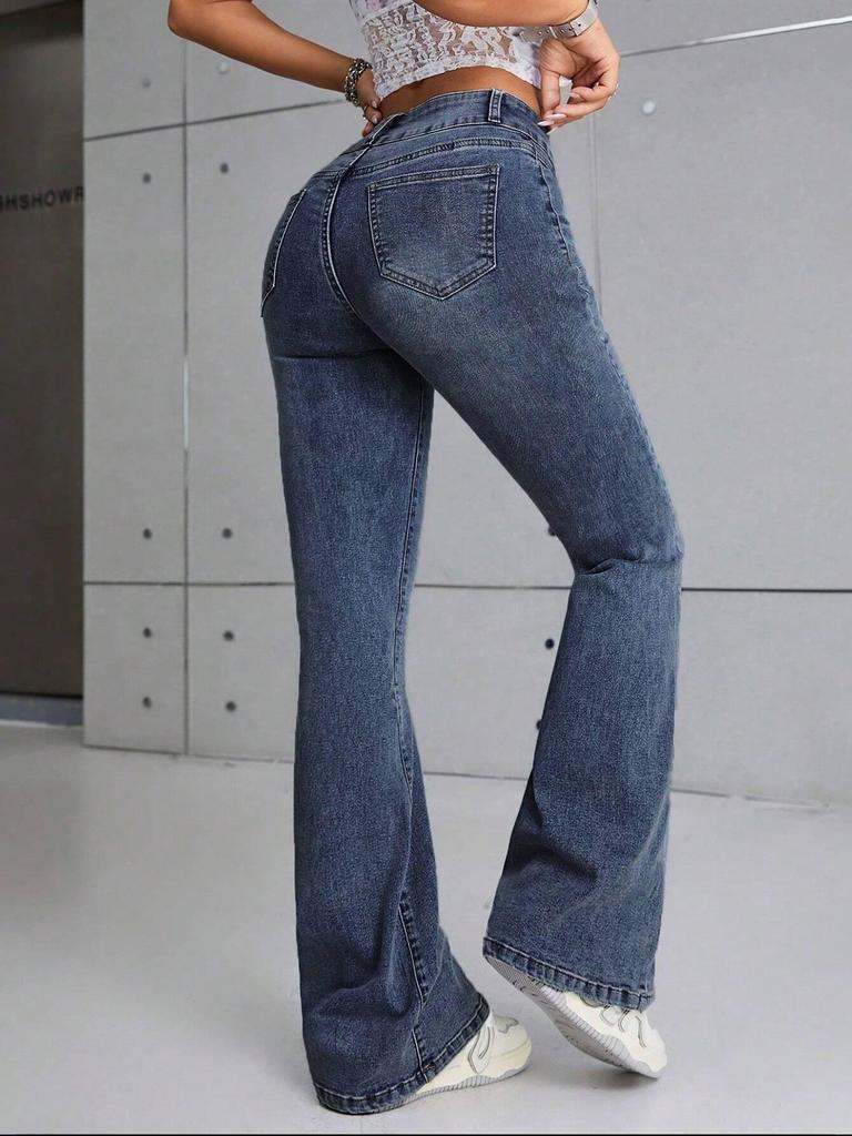 European & American Style Women's Wide-Waist Double-Breasted Split Elastic Slim-Fit Flared Denim Pants