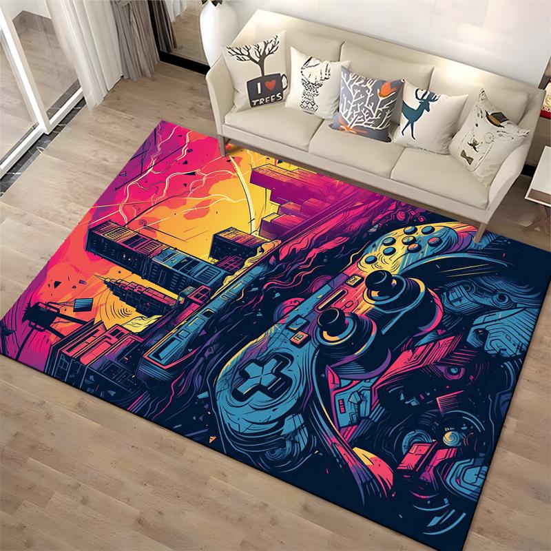 Colorful Gaming Console and Cityscape Carpet with Neon Design Suitable for use as an anti-slip for living room bedroom sofas