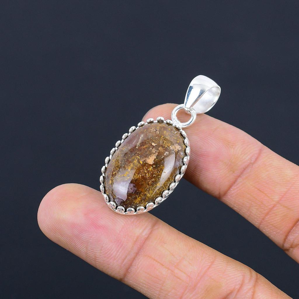 Oval Natural Plume Agate 925 Silver Wedding Bezel Daughter Boho Pendant Jewelry