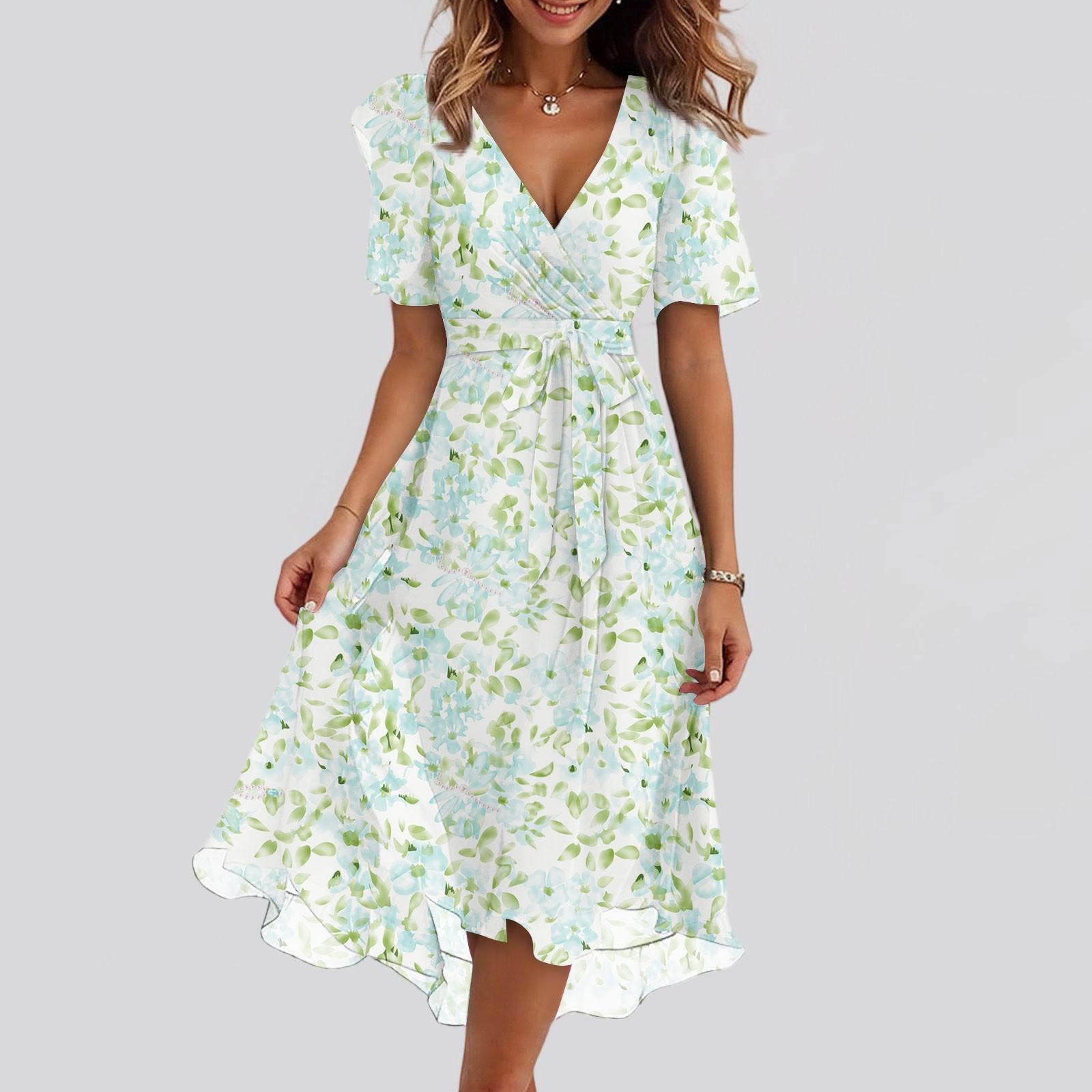 

Женские модные повседневные платья с V-образным вырезом, короткими рукавами и оборками, винтажным принтом S