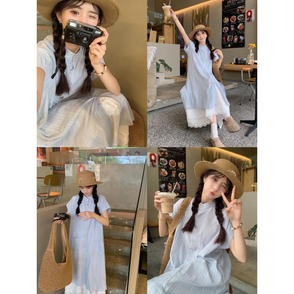 Summer Blue Shirt Dress Women's Loose Casual Gentle Style Long Skirt Two-Piece Set Layering Clothing Female Fashion