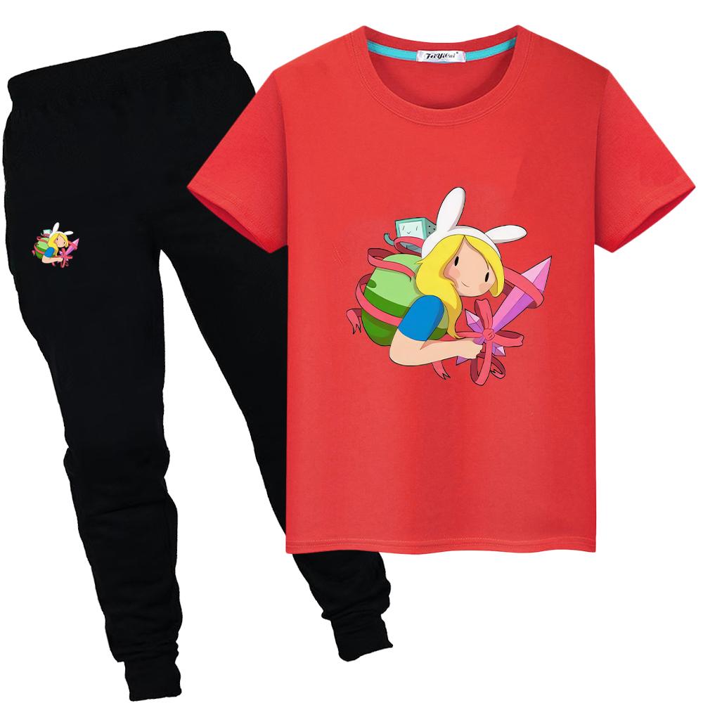 

Спортивные комплекты для мальчиков и девочек «Время приключений» Шорты+брюки Футболка с принтом «Кавайи» из 100% хлопка Летние футболки Детский костюм Детская бутиковая одежда 100 красный