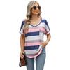 Women's New Spring and Summer Printed Striped V-neck Bat Sleeve Pocket T-shirt Tops