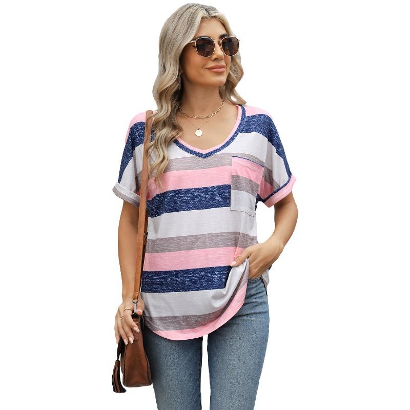 Women's New Spring and Summer Printed Striped V-neck Bat Sleeve Pocket T-shirt Tops