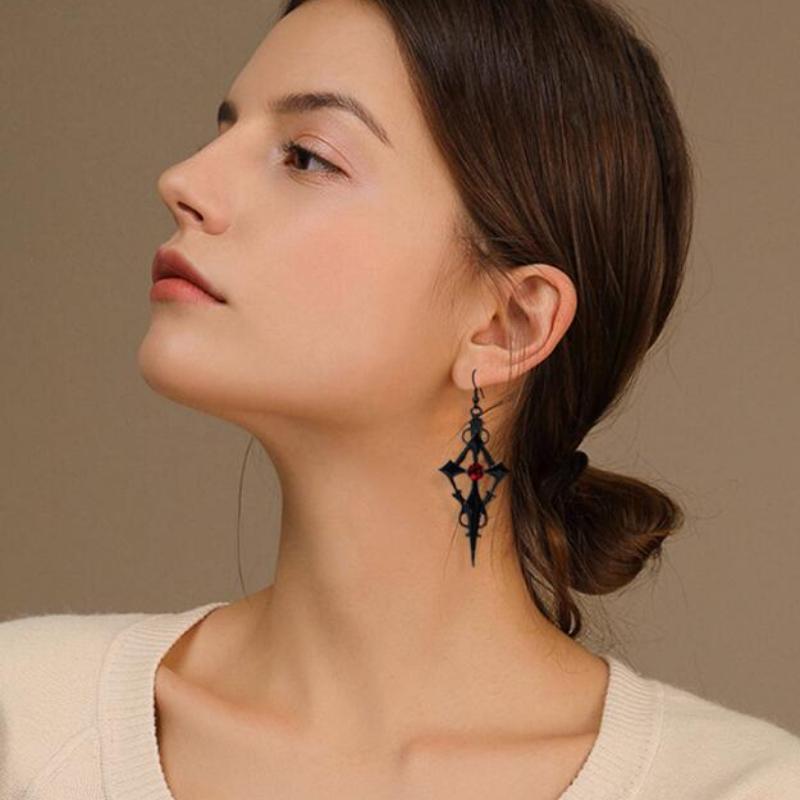 Gothic Punk Earrings Steampunk Black Cross Metal Red Rhinestone Ear Pendant for Women Girl