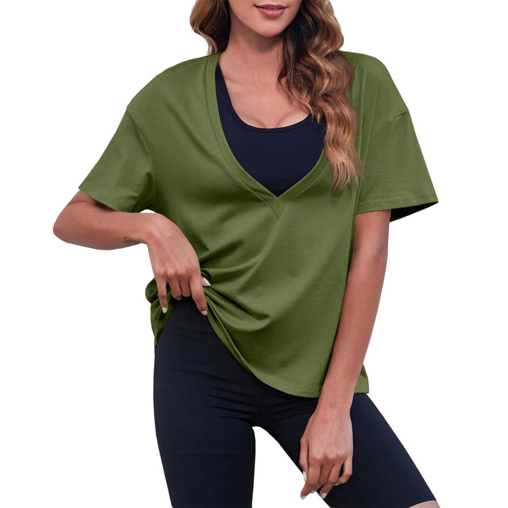 Women's New Summer Color Sexy Deep V-Neck T-Shirt Short Sleeve Casual Loose Basic Top