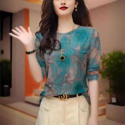 Chic Small Blouse for Womens Spring Latest Round Neck Long-sleeved Top Feel Mesh T-shirt Base Blouse