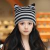 Korean Cute Cat Ear Knitted Hat Winter Keep Warm Retro Stripe Beanie For Women